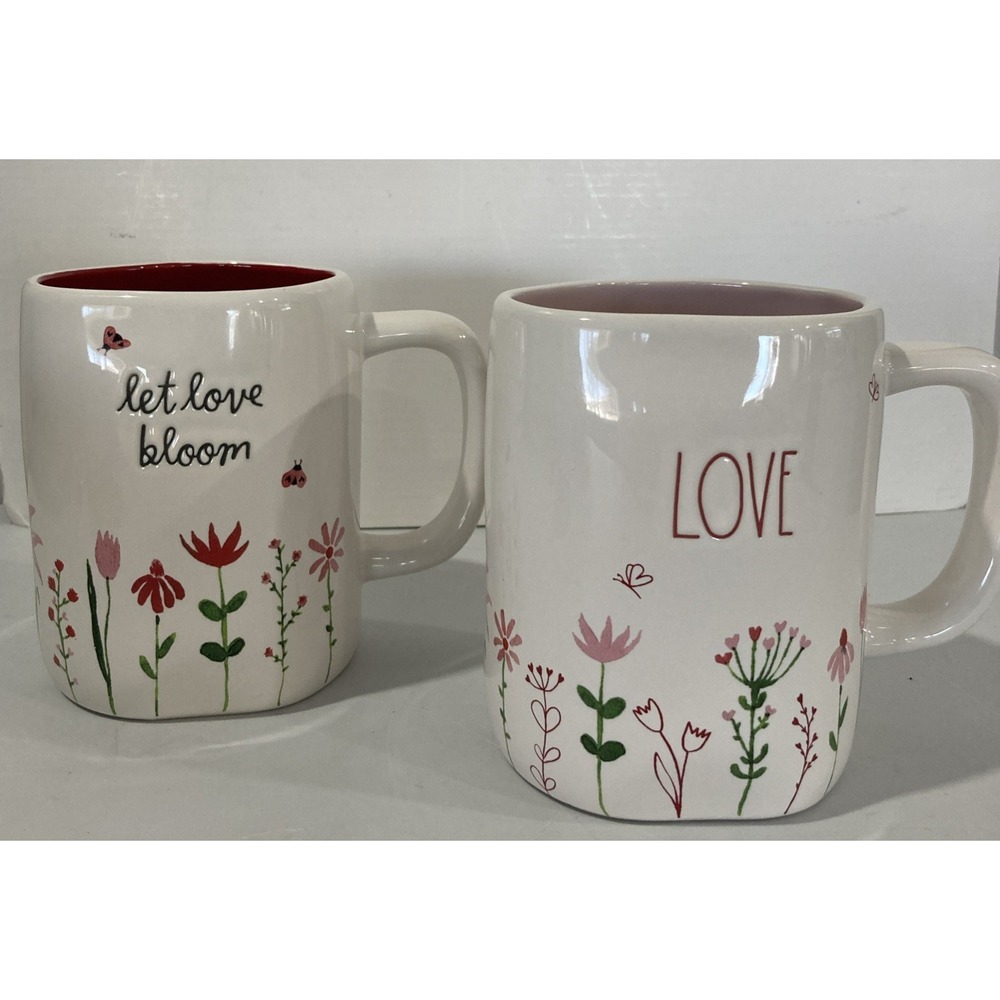 Pair-Rae Dunn LET LOVE BLOOM & LOVE Mugs Artisan Collection Romance